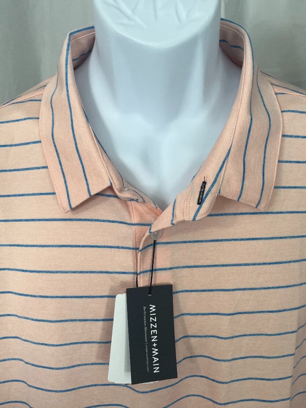 ⛳ NWT Mizzen+Main Men's XXL Peach Blue Striped Trim Fit Polo Shirt 👔